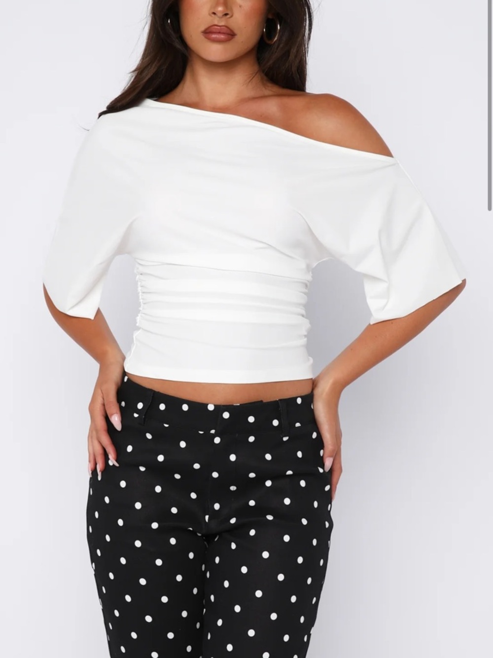 White Fox Boutique Off-Shoulder White Ruched Crop Top (Marrakech Moments)